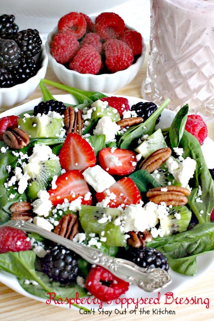 Raspberry Poppyseed Dressing | Can't Stay Out of the Kitchen | amazing #saladdressing with #Greekyogurt #raspberries #poppyseeds and made with honey and avocado oil! Healthy, #glutenfree & #cleaneating