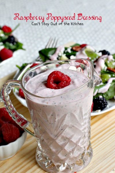 Raspberry Poppyseed Dressing | Can't Stay Out of the Kitchen | amazing #saladdressing with #Greekyogurt #raspberries #poppyseeds and made with honey and avocado oil! Healthy, #glutenfree & #cleaneating