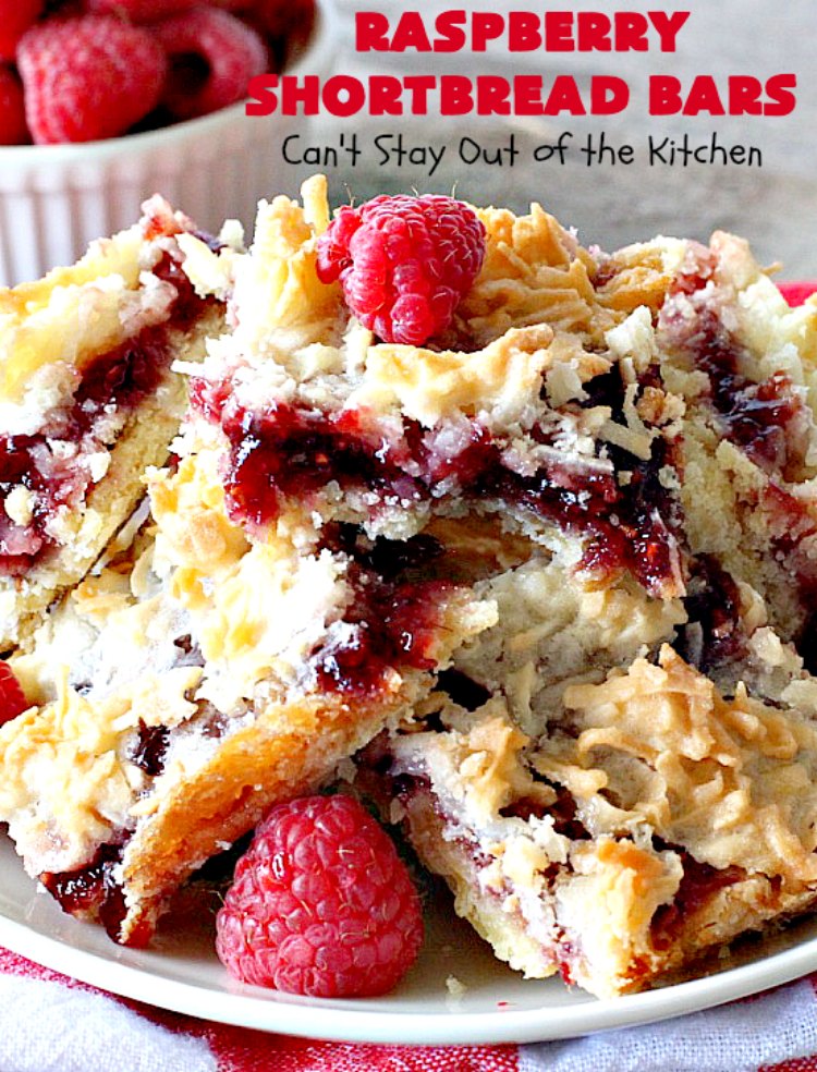 Raspberry Shortbread Bars | Can't Stay Out of the Kitchen | these #cookie type bars are absolutely divine! They have a shortbread crust, topped with #raspberry preserves & a #coconut topping. You'll be drooling over every bite! #dessert
