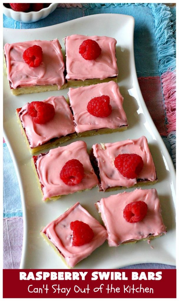 Raspberry Swirl Bars | Can't Stay Out of the Kitchen | these luscious #cookies contain #RaspberryPieFilling & have a #Raspberry #CreamCheese icing. Great #dessert for #holidays or company. #tailgating #RaspberryDessert #RaspberrySwirlBars