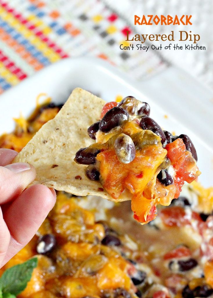 Razorback Layered Dip | Can't Stay Out of the Kitchen | this amazing #Tex-Mex #appetizer has only 4 ingredients. Quick, easy, sensational! #cheese #glutenfree #blackbeans
