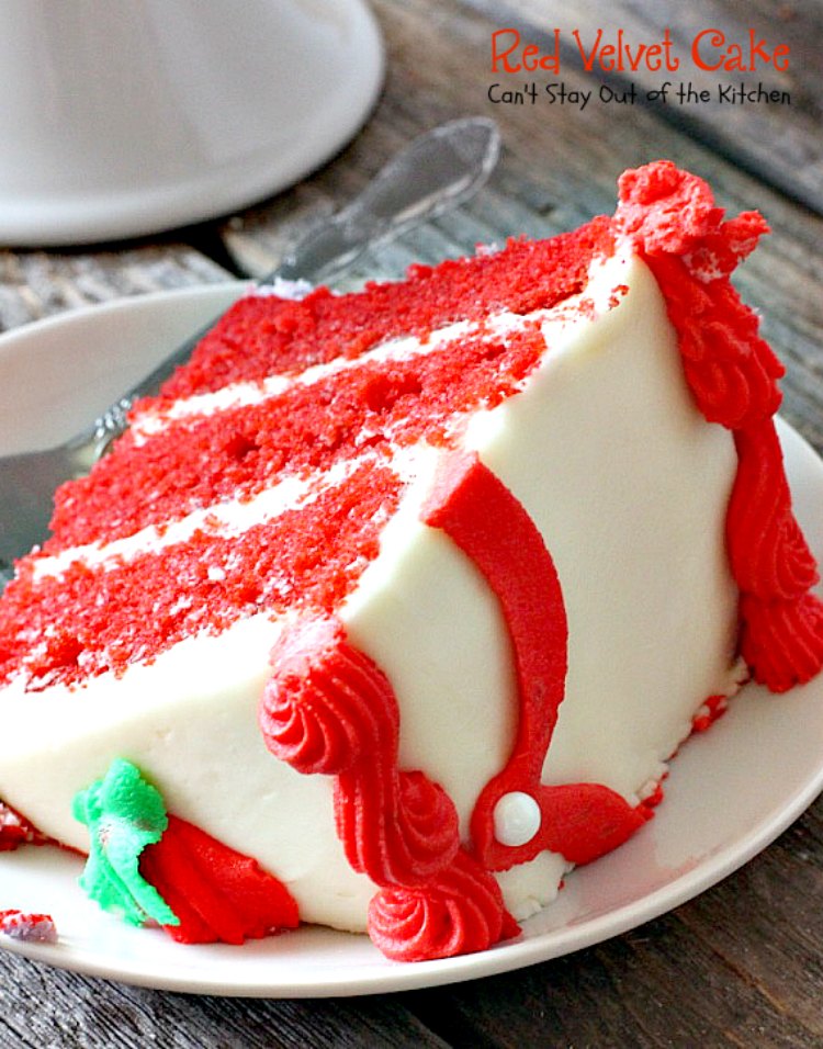 Red Velvet Cake | Can't Stay Out of the Kitchen | our favorite #RedVelvetCake recipe. This one has a luscious #creamcheese icing. Fabulous for anniversaries, #holidays or #Valentine'sDay. #cake #dessert #chocolate