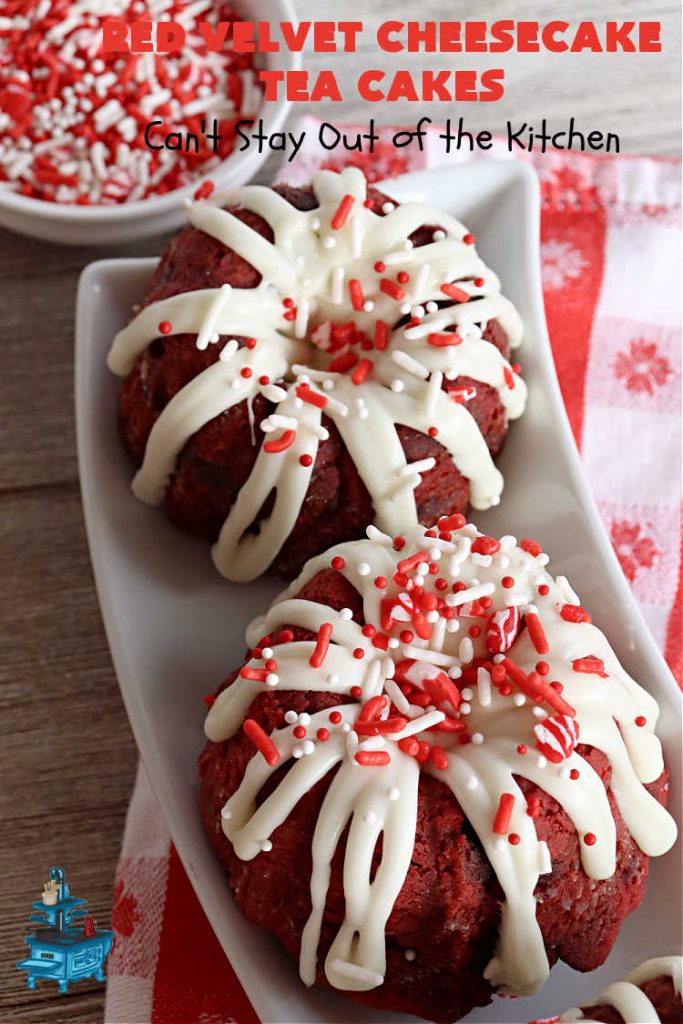 Red Velvet Cheesecake Tea Cakes | Can't Stay Out of the Kitchen | These delectable #TeaCakes start with a #RedVelvet cake mix that includes #Cheesecake pudding. They're glazed with #CreamCheese icing. Festive, elegant, beautiful #dessert for the #holidays, #Christmas or #ValentinesDay. #cake #chocolate #HolidayDessert #RedVelvetDessert #RedVelvetCheesecakeTeaCakes