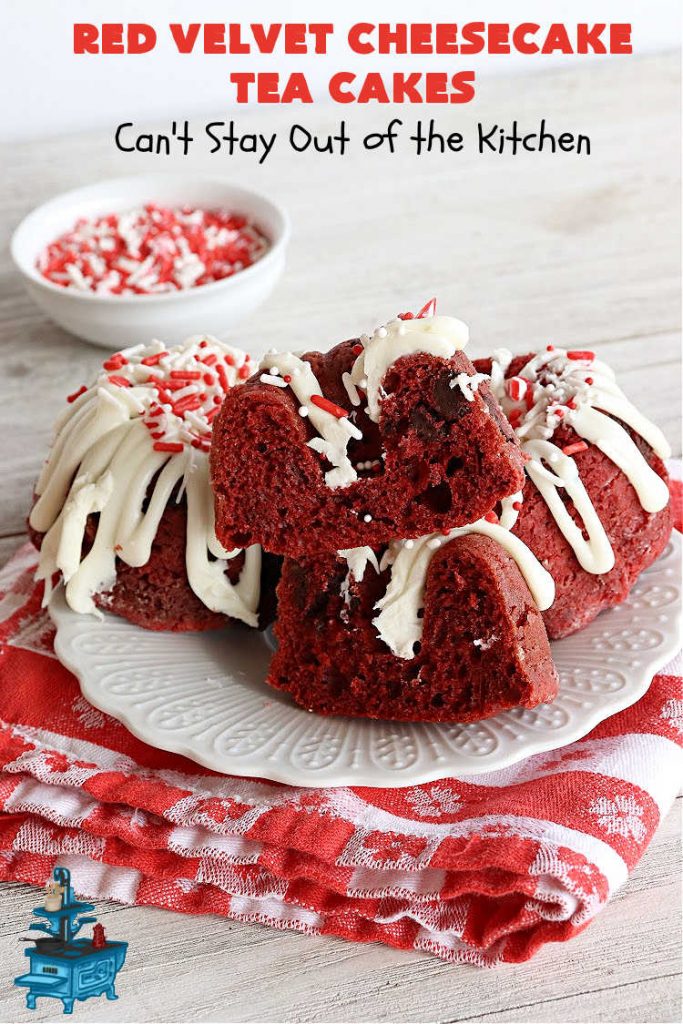 Red Velvet Cheesecake Tea Cakes | Can't Stay Out of the Kitchen | These delectable #TeaCakes start with a #RedVelvet cake mix that includes #Cheesecake pudding. They're glazed with #CreamCheese icing. Festive, elegant, beautiful #dessert for the #holidays, #Christmas or #ValentinesDay. #cake #chocolate #HolidayDessert #RedVelvetDessert #RedVelvetCheesecakeTeaCakes