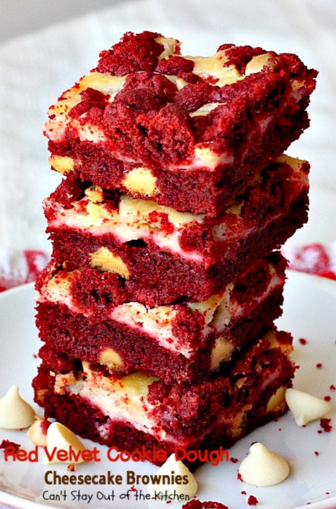 Red Velvet Cookie Dough Cheesecake Brownies | Can't Stay Out of the Kitchen | these awesome #redvelvet #brownies have a yummy #cheesecake layer and they're filled with #whitechocolatechips. Every bite is amazing. #dessert #chocolate