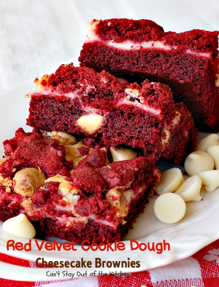 Red Velvet Cookie Dough Cheesecake Brownies | Can't Stay Out of the Kitchen | these awesome #redvelvet #brownies have a yummy #cheesecake layer and they're filled with #whitechocolatechips. Every bite is amazing. #dessert #chocolate
