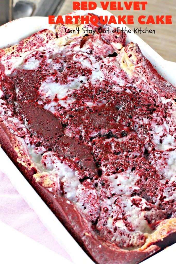 Red Velvet Earthquake Cake | Can't Stay Out of the Kitchen | This amazing #dessert experiences a volcanic shift while baking, so it craters and shifts layers like an earthquake. Our fabulous #redvelvet #cake is perfect for special occasions & #holidays like #Christmas & #ValentinesDay. #chocolate #cheesecake