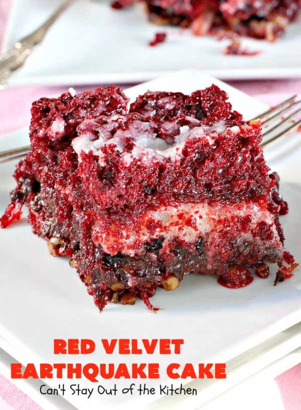 Red Velvet Earthquake Cake | Can't Stay Out of the Kitchen | This amazing #dessert experiences a volcanic shift while baking, so it craters and shifts layers like an earthquake. Our fabulous #redvelvet #cake is perfect for special occasions & #holidays like #Christmas & #ValentinesDay. #chocolate #cheesecake