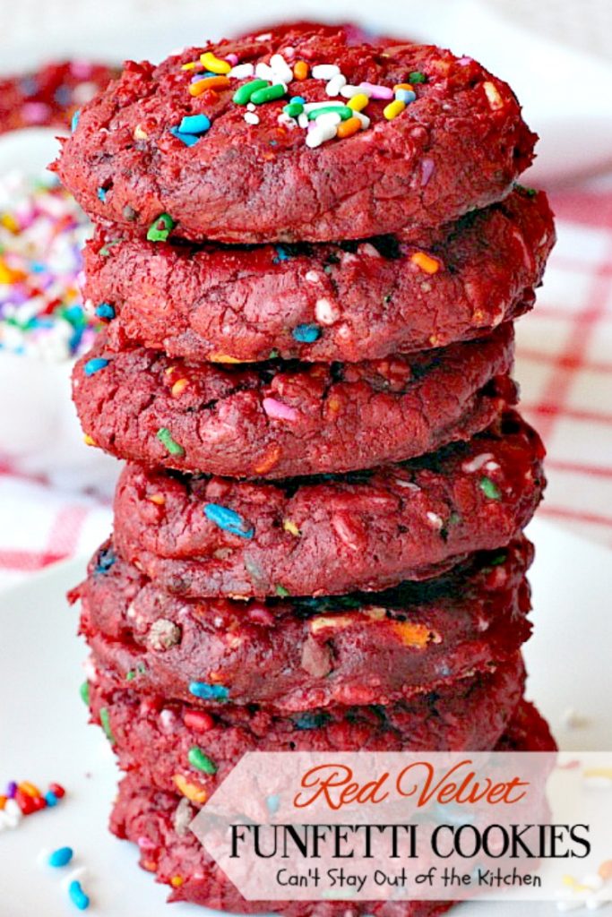 Red Velvet Funfetti Cookies | Can't Stay Out of the Kitchen | these amazing #cookies are so easy since they start with a #RedVelvet #cakemix! Then they're filled with sprinkles for a quick and easy #dessert you can make in about 20 minutes! #chocolate