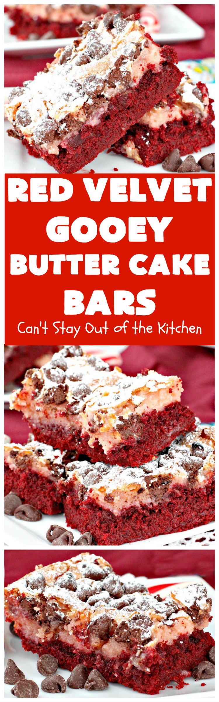 Red Velvet Gooey Butter Cake Bars | Can't Stay Out of the Kitchen | the most awesome #RedVelvet #Brownies ever! The luscious #cheesecake layer is ooey, gooey, decadent & delicious! Terrific #ValentinesDay #dessert.