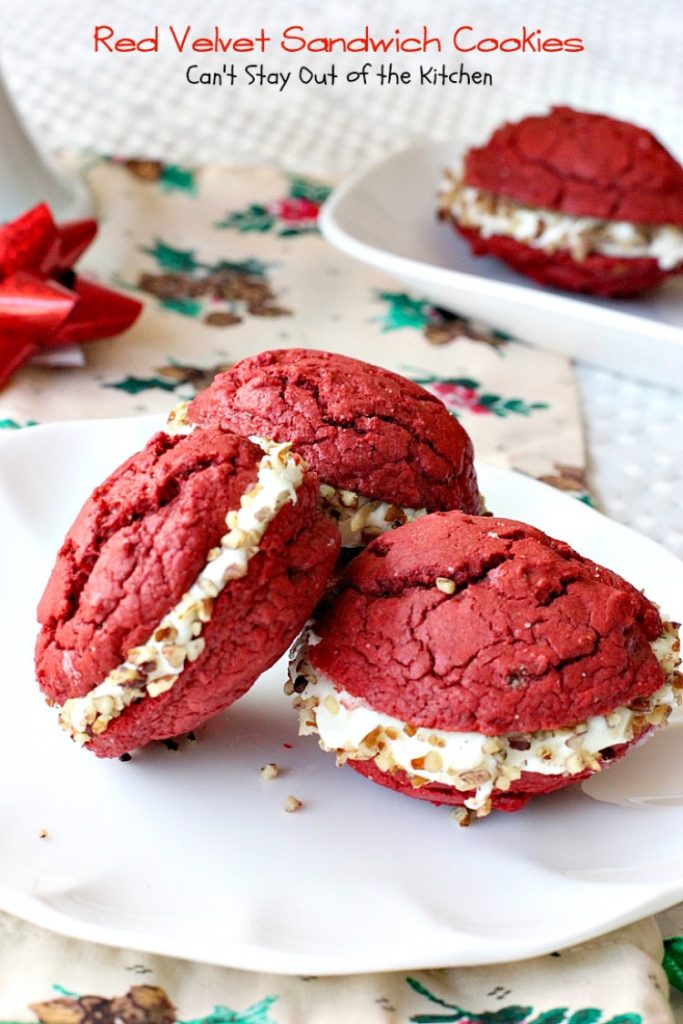 Red Velvet Sandwich Cookies | Can't Stay Out of the Kitchen | the most spectacular #redvelvet #cookie ever! These #whoopiepies have a luscious cream cheese, coconut and pecan frosting. They're absolutely amazing. #dessert