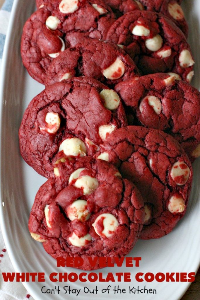 Red Velvet White Chocolate Cookies | Can't Stay Out of the Kitchen | these sensational #cookies only use 4 ingredients! They're quick & easy for any #tailgating party, potluck or even for #Christmas, #holiday or #ValentinesDay parties. Festive & beautiful, this #dessert delivers on taste as well. #Chocolate #RedVelvet #WhiteChocolateChips #ChocolateDessert #RedVelvetDessert #4IngredientDessert #ValentinesDayDessert #ChristmasCookieExchange #HolidayDessert #RedVelvetCakeMix