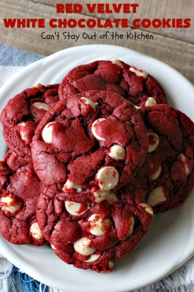 Red Velvet White Chocolate Cookies | Can't Stay Out of the Kitchen | these sensational #cookies only use 4 ingredients! They're quick & easy for any #tailgating party, potluck or even for #Christmas, #holiday or #ValentinesDay parties. Festive & beautiful, this #dessert delivers on taste as well. #Chocolate #RedVelvet #WhiteChocolateChips #ChocolateDessert #RedVelvetDessert #4IngredientDessert #ValentinesDayDessert #ChristmasCookieExchange #HolidayDessert #RedVelvetCakeMix
