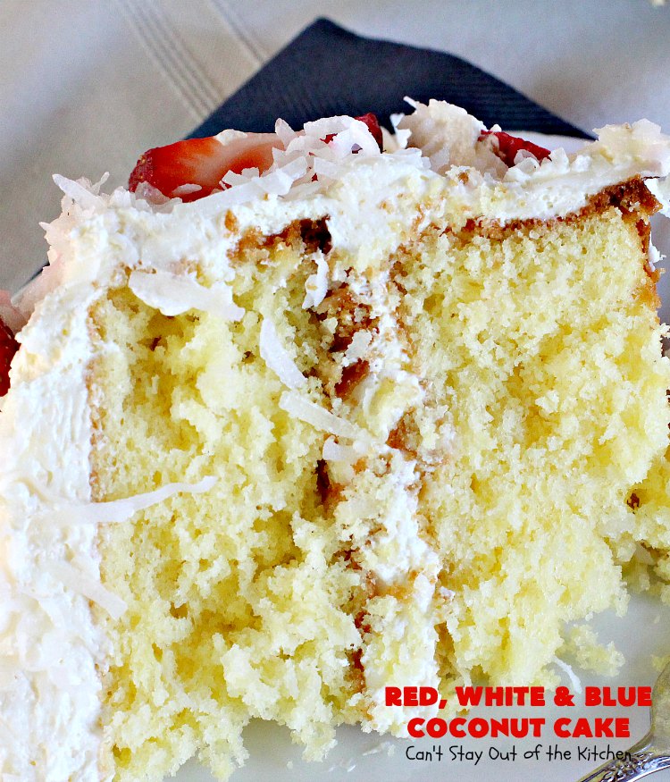 Red, White & Blue Coconut Cake | Can't Stay Out of the Kitchen | this fabulous #coconut #cake is perfect for the #FourthofJuly. Both the cake and the icing have coconut. Amazing #dessert