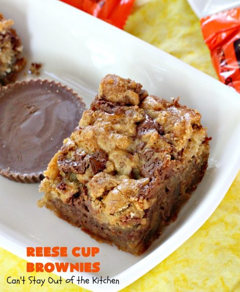 Reese Cup Brownies | Can't Stay Out of the Kitchen | These amazing #brownies are to die for! They are filled with #Reesecups and a great way to use up leftover #Halloween candy. #dessert #chocolate #peanutbutter #tailgating #ChocolateDessert #PeanutButterDessert #ReeseCupBrownies #ReesePeanutButterCupDessert #FourthOfJuly #FourthOfJulyDessert #LaborDayDessert