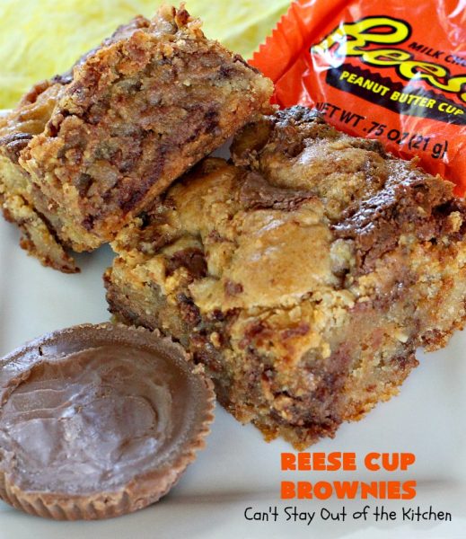 Reese Cup Brownies | Can't Stay Out of the Kitchen | These amazing #brownies are to die for! They are filled with #Reesecups and a great way to use up leftover #Halloween candy. #dessert #chocolate #peanutbutter #tailgating #ChocolateDessert #PeanutButterDessert #ReeseCupBrownies #ReesePeanutButterCupDessert #FourthOfJuly #FourthOfJulyDessert #LaborDayDessert