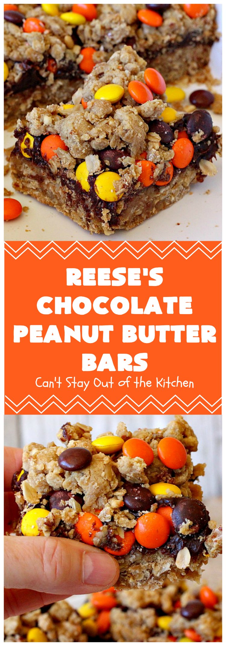 Reese's Chocolate Peanut Butter Bars | Can't Stay Out of the Kitchen | these outrageous #cookies start with an #OatmealCookie & #PeanutButter crust & topping. They have a #chocolate sauce & #ReesesPeanutButterCandies in the middle. Absolutely awesome! #tailgating #brownie #dessert #ChocolateDessert #PeanutButterDessert #ReesesPeanutButterDessert #ReesesChocolatePeanutButterBars