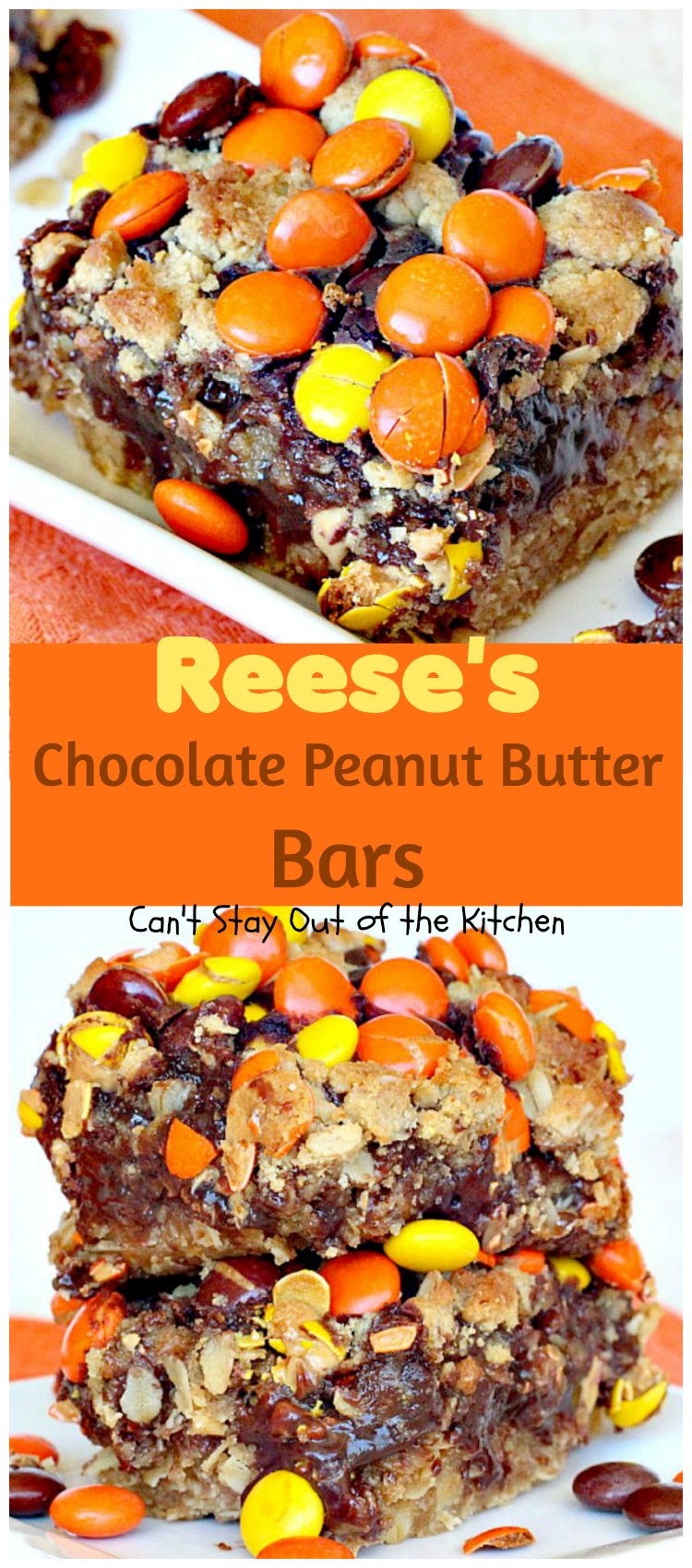 Reese's Chocolate Peanut Butter Bars | Can't Stay Out of the Kitchen | outstanding #oatmeal bar with #peanutbutter, a #chocolate filling and #Reese'scandies. These are phenomenal! #dessert #cookie