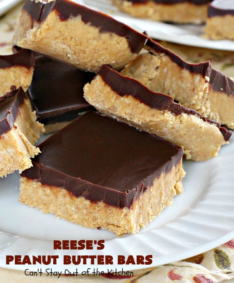 Reese's Peanut Butter Bars | Can't Stay Out of the Kitchen | this spectacular #dessert is rich, decadent & divine! It uses only 5 ingredients. It's a fantastic #copycat #recipe for #ReesesPeanutButterCups. No kidding! Perfect for #tailgating parties & potlucks, or #holidays like #MemorialDay or #FathersDay. #cookie #chocolate #brownie #ChocolateDessert #PeanutButterDessert #ReesesPeanutButterBars