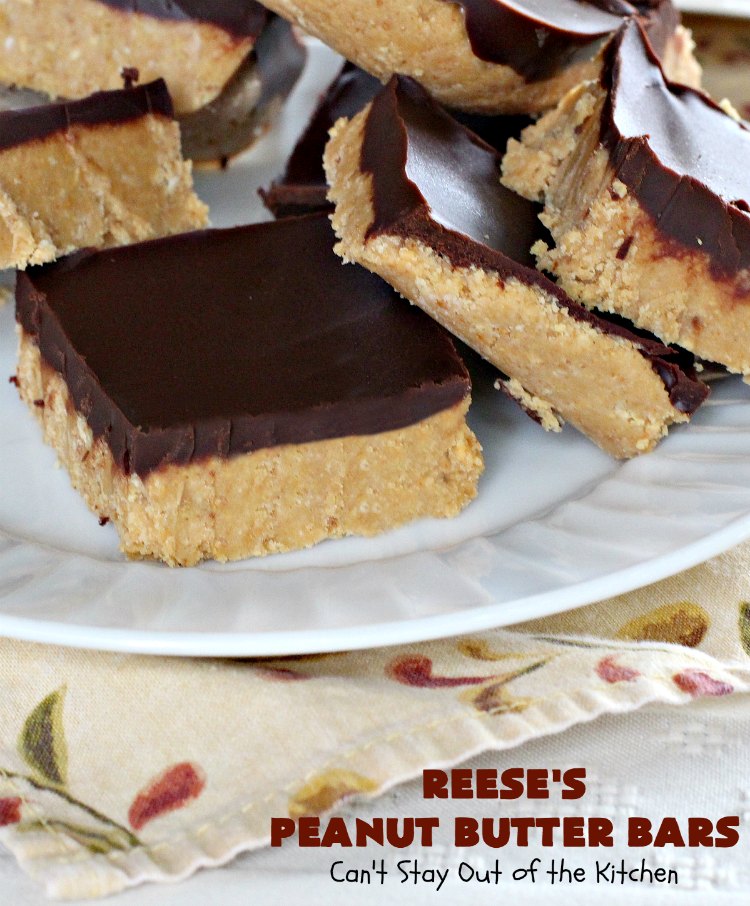Reese's Peanut Butter Bars | Can't Stay Out of the Kitchen | this spectacular #dessert is rich, decadent & divine! It uses only 5 ingredients. It's a fantastic #copycat #recipe for #ReesesPeanutButterCups. No kidding! Perfect for #tailgating parties & potlucks, or #holidays like #MemorialDay or #FathersDay. #cookie #chocolate #brownie #ChocolateDessert #PeanutButterDessert #ReesesPeanutButterBars