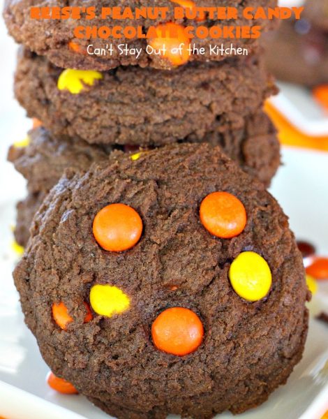 Reese's Peanut Butter Candy Chocolate Cookies | Can't Stay Out of the Kitchen | these #cookies are the ultimate #ReesesCookie! These #chocolate cookies are filled with #ReesesPeanutButterCandies. They're terrific for #holiday & #Christmas parties & a great way to use up leftover #Halloween candy. #PeanutButter #PeanutButterDessert #ChocolateDessert #ChristmasCookieExchange #dessert #ReesesPeanutButterCandyChocolateCookies