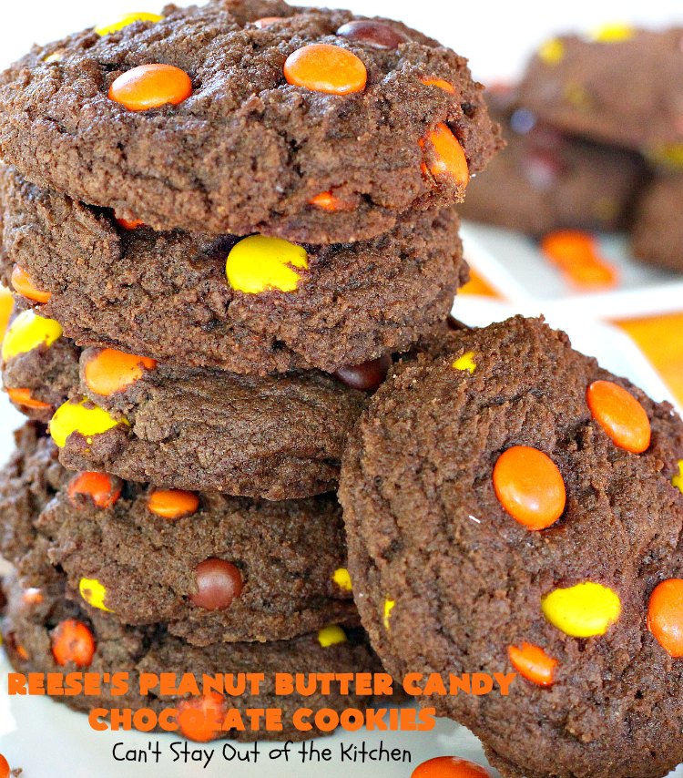 Reese's Peanut Butter Candy Chocolate Cookies | Can't Stay Out of the Kitchen | these #cookies are the ultimate #ReesesCookie! These #chocolate cookies are filled with #ReesesPeanutButterCandies. They're terrific for #holiday & #Christmas parties & a great way to use up leftover #Halloween candy. #PeanutButter #PeanutButterDessert #ChocolateDessert #ChristmasCookieExchange #dessert #ReesesPeanutButterCandyChocolateCookies