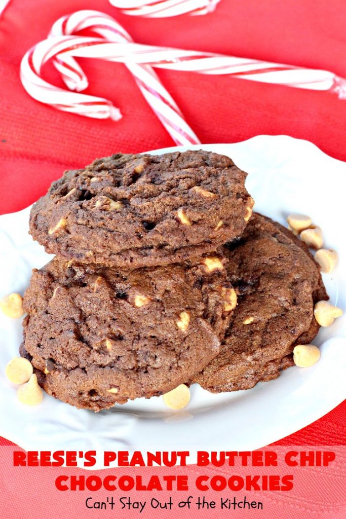 Reese's Peanut Butter Chip Chocolate Cookies | Can't Stay Out of the Kitchen | these chocolaty #cookies are heavenly. They're filled with #ReesesPeanutButterChips. #Chocolate & #PeanutButter are awesome together. This #dessert is marvelous for #holiday #baking or a #ChristmasCookieExchange. #tailgating #ChocolateDessert #PeanutButterDessert #ReesesPeanutButterChipChocolateCookies