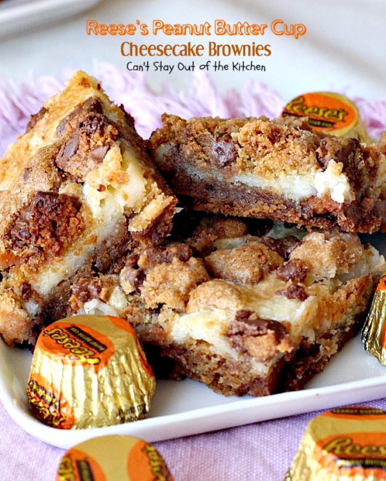 Reese's Peanut Butter Cup Cheesecake Brownies | Can't Stay Out of the Kitchen | these magnificent #brownies are divine! #Reese's #peanutbutter cups fill the cookie dough and they have a scrumptious #cheesecake layer to die for. #chocolate #dessert