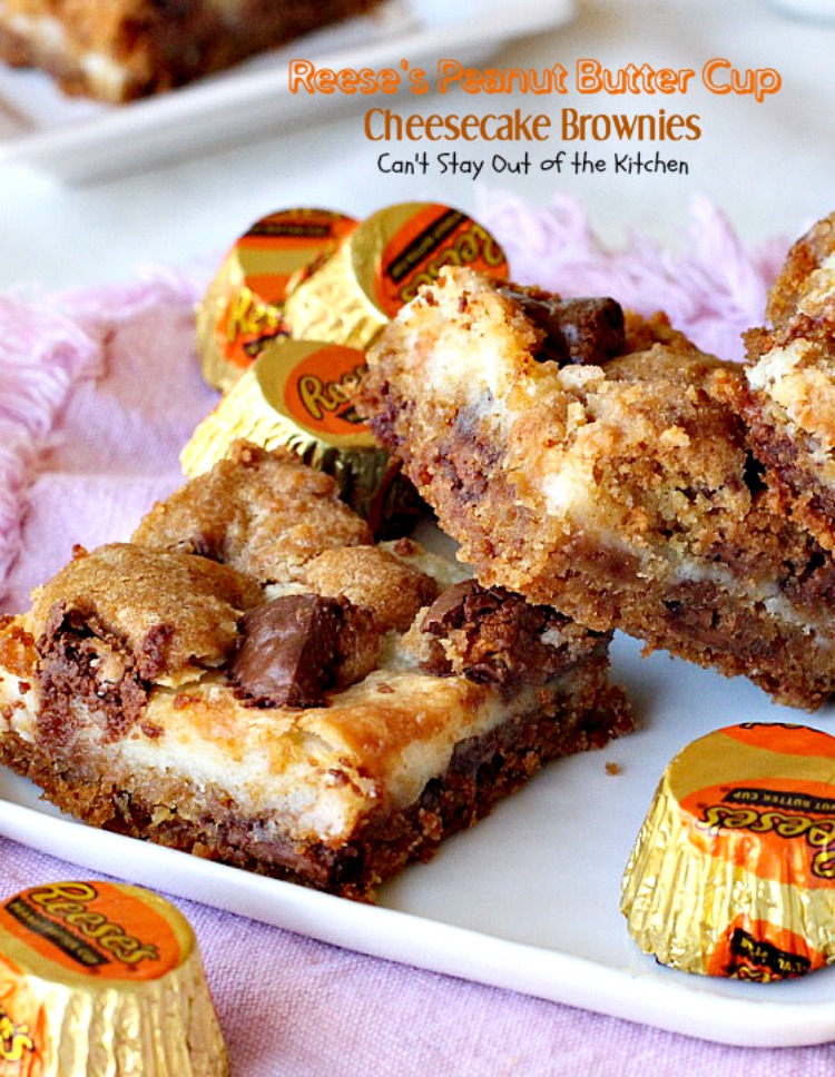 Reese's Peanut Butter Cup Cheesecake Brownies | Can't Stay Out of the Kitchen | these magnificent #brownies are divine! #Reese's #peanutbutter cups fill the cookie dough and they have a scrumptious #cheesecake layer to die for. #chocolate #dessert