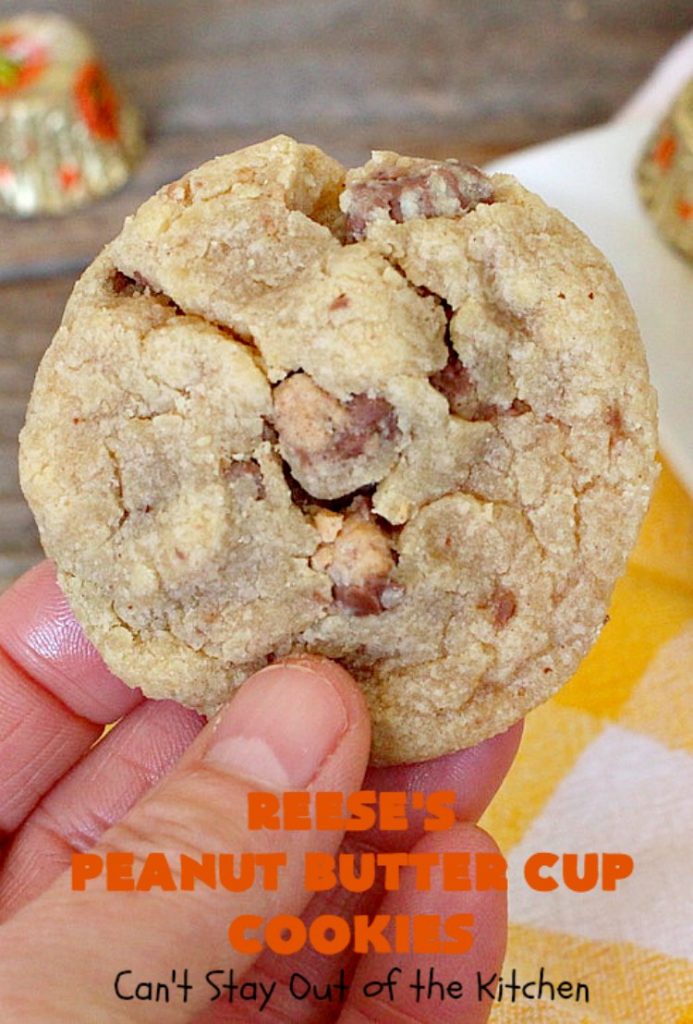 Reese's Peanut Butter Cup Cookies | Can't Stay Out of the Kitchen | these spectacular #cookies include miniature #ReesesPeanutButterCups. They explode with #chocolate & #PeanutButter flavors making them irresistible & heavenly. Wonderful #dessert for #tailgating parties, #holidays or potlucks. #dessert #ChocolateDessert #PeanutButterDessert #ReesesPeanutButterCupDessert #HalloweenCandy #ChristmasCookieExchange