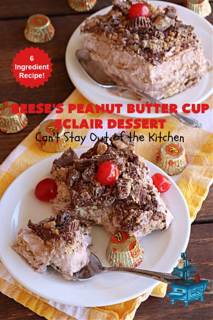 Reese's Peanut Butter Cup Éclair Dessert | Can't Stay Out of the Kitchen | Everyone swooned over this delightful #ÉclairDessert when I brought it for a #Christmas party. This easy 6-ingredient #recipe is so easy a child can make it. Plus, it's just so outrageously good everyone will want to sample it. Great for #ValentinesDay, special occasions & birthdays! #Reeses #ReesesPeanutButterCups #chocolate #PeanutButter #GrahamCrackers #Éclairs #6IngredientRecipe #ReesesPeanutButterCupÉclairDessert