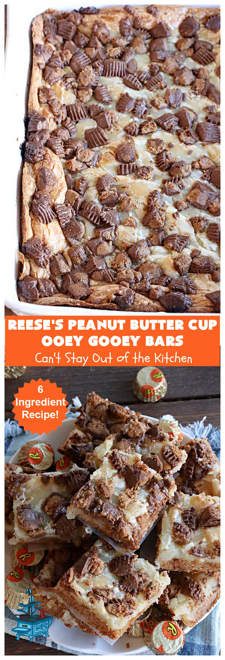 Reese's Peanut Butter Cup Ooey Gooey Bars | Can't Stay Out of the Kitchen | This fabulous #OoeyGooeyBar #recipe uses only 6 ingredients! It has a luscious #cheesecake filling & it's topped with #ReesesPeanutButterCups. Every bite will have you swooning! Great for #holiday #baking, #tailgating parties, a #ChristmasCookieExchange or any time you just need #chocolate! #PeanutButter #dessert #brownie #cookie #CreamCheese #ReesesPeanutButterCupOoeyGooeyBars