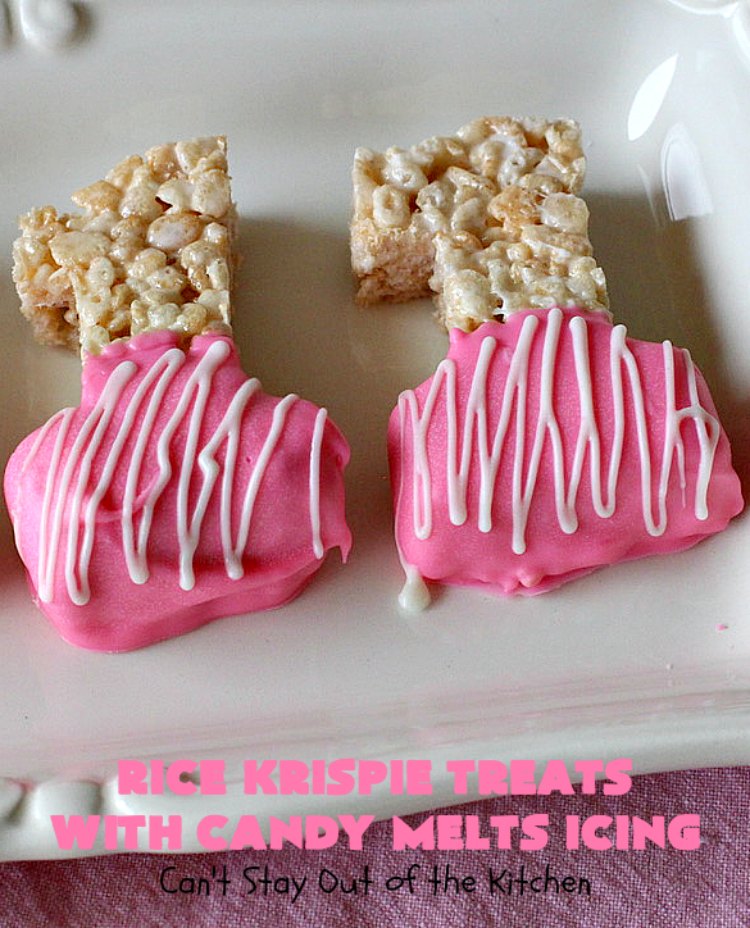 Rice Krispie Treats with Candy Melts Icing | Can't Stay Out of the Kitchen | these delicious #treats are perfect for birthdays, potlucks or #tailgating parties. Everyone loves this #dessert, especially with the icing. #RiceKrispies #RiceKrispieTreats #RiceKrispiesCereal #RiceKrispieTreatsWithCandyMeltIcing #cookie #brownie #RiceKrispieDessert #CandyMelts 