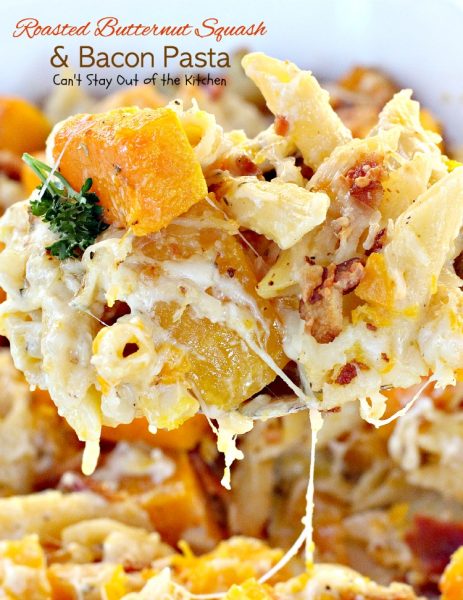 Roasted Butternut Squash and Bacon Pasta | Can't Stay Out of the Kitchen | this is one spectacular #pasta dish. #bacon amps up the flavor and #provolone and #parmesan cheese make it thick and creamy. #butternutsquash