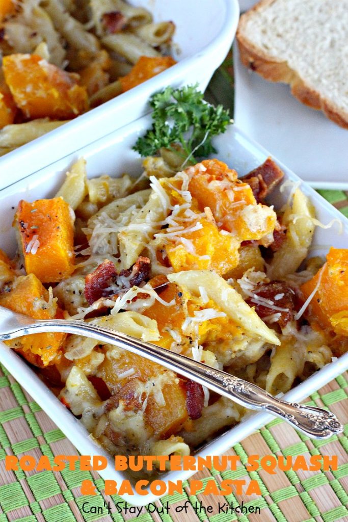 Roasted Butternut Squash and Bacon Pasta | Can't Stay Out of the Kitchen | this sumptuous & savory #pasta entree is absolutely sensational!  It's made with roasted #butternutsquash, #penne pasta, #bacon & both #provolone & #parmesan #cheese. The sauce is thick, creamy, cheesy & out of this world. We loved this #casserole. #noodles
