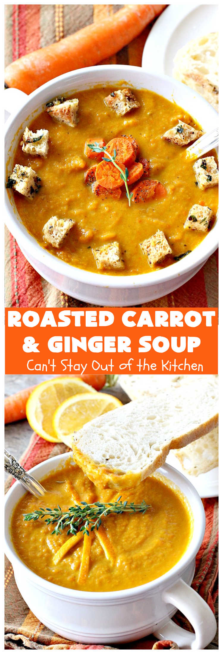 Roasted Carrot and Ginger Soup | Can't Stay Out of the Kitchen | this lovely #soup is creamy & delicious & perfect for cold, winter nights when you want comfort food. It's also #GlutenFree #vegan, #CleanEating & #LowCalorie. #carrots #ginger #leeks #MeatlessMondays #RoastedCarrotAndGingerSoup #CarrotAndGingerSoup
