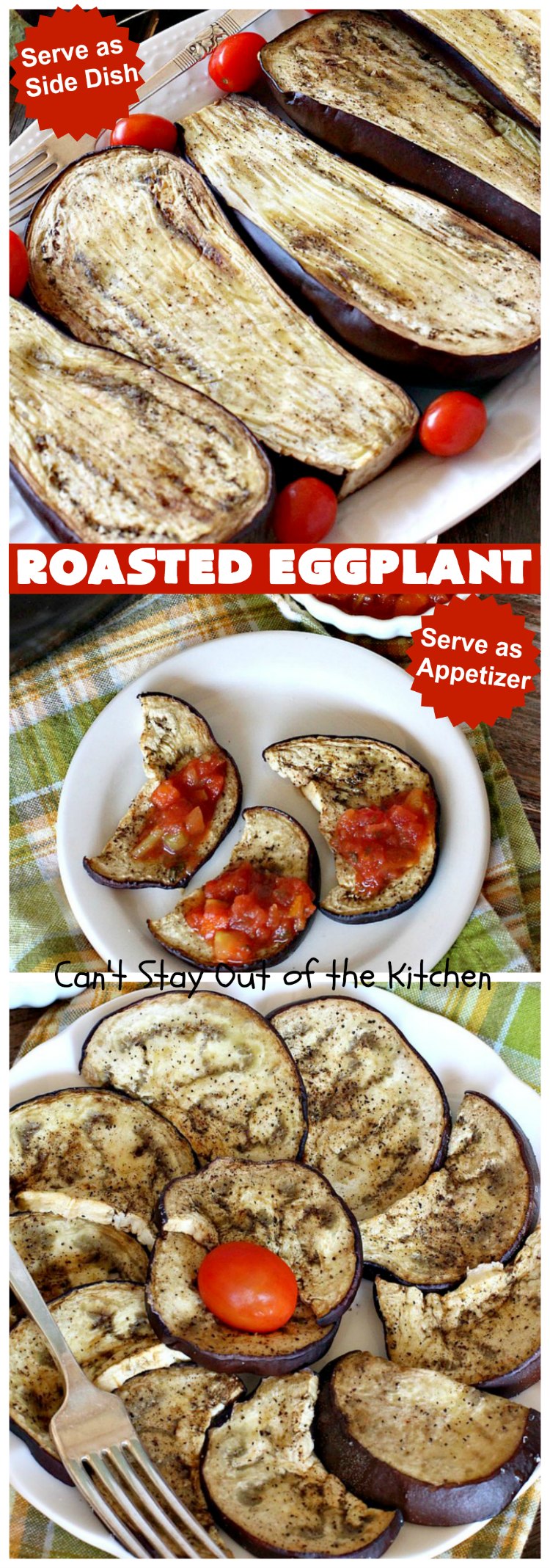 Roasted Eggplant | Can't Stay Out of the Kitchen | easy 4-ingredient #recipe can be served as an #appetizer or as a #SideDish. It's terrific for potlucks & #tailgating parties served with salsa or hummus. As a side dish it's wonderful with any kind of entree. #Healthy, #LowCalorie, #CleanEating, #GlutenFree & #Vegan.  #eggplant #RoastedEggplant
