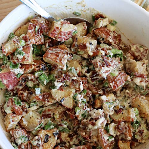Roasted New Potato Salad | Can't Stay Out of the Kitchen | fantastic #SouthernLiving #recipe made with #bacon & #GreenOnions. The #potatoes are roasted first so they add additional savory flavor to the #PotatoSalad. Great for #tailgating, BBQ or grilling out. #RanchDressing makes this #salad spectacular! #GlutenFree #RoastedNewPotatoSalad