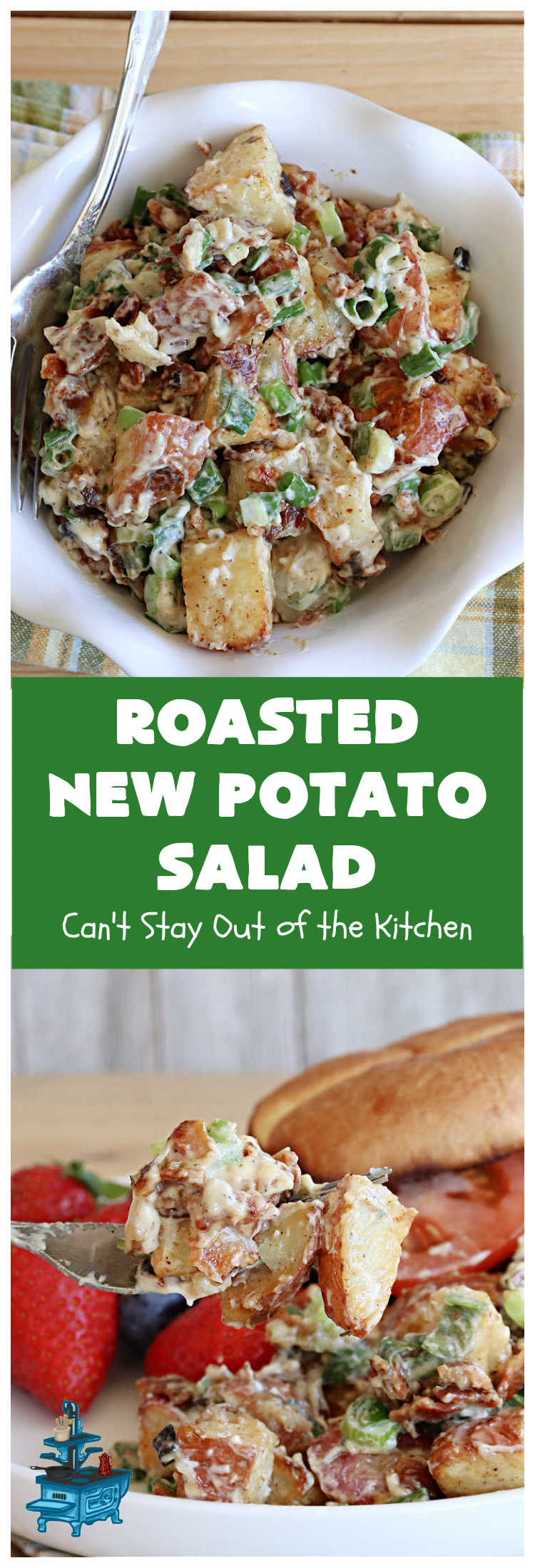 Roasted New Potato Salad | Can't Stay Out of the Kitchen | fantastic #SouthernLiving #recipe made with #bacon & #GreenOnions. The #potatoes are roasted first so they add additional savory flavor to the #PotatoSalad. Great for #tailgating, BBQ or grilling out. #RanchDressing makes this #salad spectacular! #GlutenFree #RoastedNewPotatoSalad