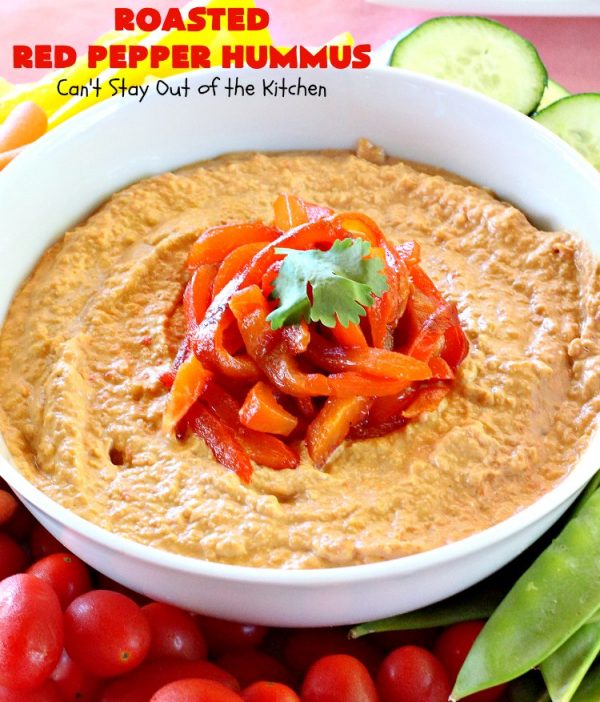 Roasted Red Pepper Hummus | Can't Stay Out of the Kitchen | this is one of the most delectable #hummus #recipes on the planet! It is absolutely succulent & amazing. It's a wonderful treat with #VeggieDippers if you're looking for a #healthy, #LowCalorie, #GlutenFree & #Vegan snack. #appetizer #tailgating #RoastedRedPepperHummus #VeganAppetizer #GlutenFreeAppetizer