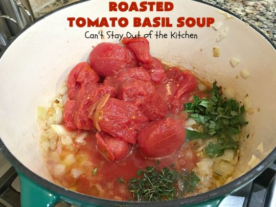 Roasted Tomato Basil Soup | Can't Stay Out of the Kitchen | terrific #InaGarten #recipe made with roasted #tomatoes. It's irresistible on cold, winter nights. Our company raved over this scrumptious #TomatoBasilSoup. This comfort food #soup is #healthy, #LowCalorie, #CleanEating, #Vegan & #GlutenFree. #basil #TheBarefootContessa #RoastedTomatoBasilSoup