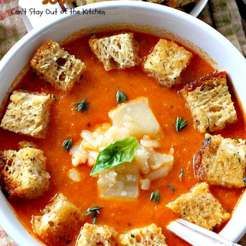Roasted Tomato Garlic Soup | Can't Stay Out of the Kitchen | this amazing #soup roasts all the #tomatoes & veggies including a whole bulb of garlic. Wonderful comfort food that's #vegan if you omit the #parmesancheese for garnish. #glutenfree