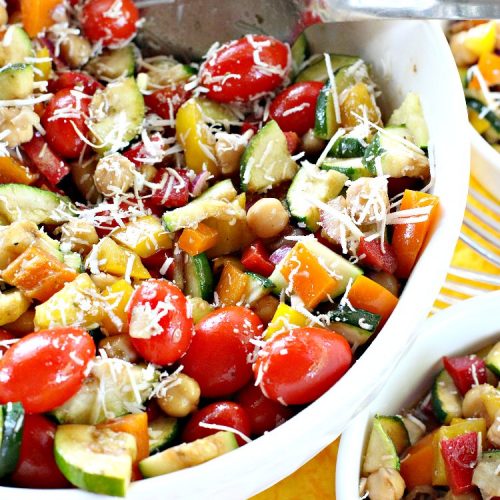 Roasted Zucchini Salad | Can't Stay Out of the Kitchen | this amazing #salad is chocked full of #veggies. It's perfect for potlucks, #BBQs and #LaborDay parties. #glutenfree #zucchini #parmesancheese