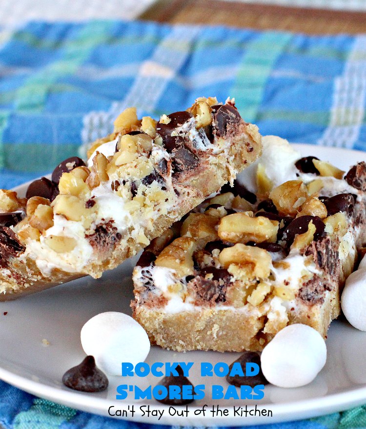 Rocky Road S'Mores Bars | Can't Stay Out of the Kitchen | We have loved these #brownies for decades! They are absolutely mouthwatering & will have you drooling from the first bite. #cookies #RockyRoad #dessert #Marshmallows  #SMoresBars #GrahamCrackers #RockyRoadSmoresBars #chocolate #MarshmallowDessert #ChocolateDessert #RockyRoadDessert #SmoresDessert #Tailgating