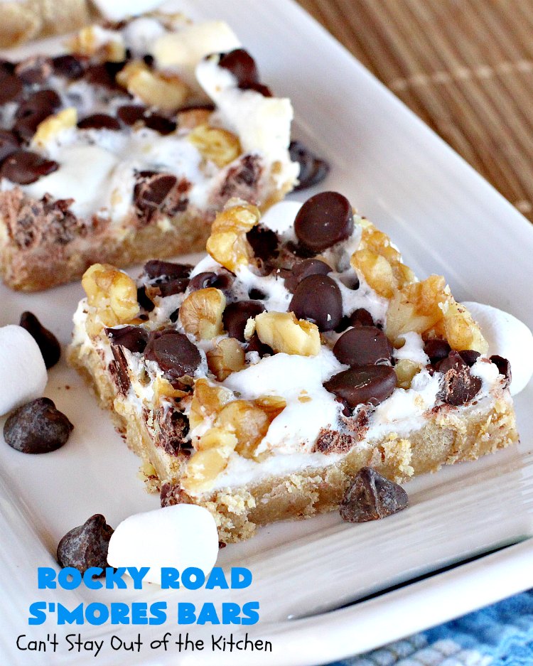 Rocky Road S'Mores Bars | Can't Stay Out of the Kitchen | We have loved these #brownies for decades! They are absolutely mouthwatering & will have you drooling from the first bite. #cookies #RockyRoad #dessert #Marshmallows #SMoresBars #GrahamCrackers #RockyRoadSmoresBars #chocolate #MarshmallowDessert #ChocolateDessert #RockyRoadDessert #SmoresDessert #Tailgating