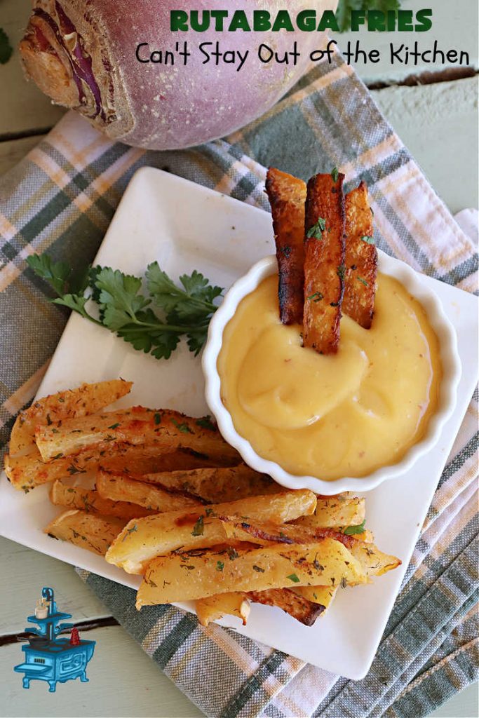Rutabaga Fries | Can't Stay Out of the Kitchen | #RutabagaFries are sensational! Easier to make than #SweetPotatoFries & taste just like them! #Healthy, #LowCalorie, #GlutenFree, #Vegan snack. Serve with ketchup, #RanchDressing, #HoneyMustard or your favorite dipping sauce. Great for #tailgating parties too. #rutabagas #SideDish #FrenchFries