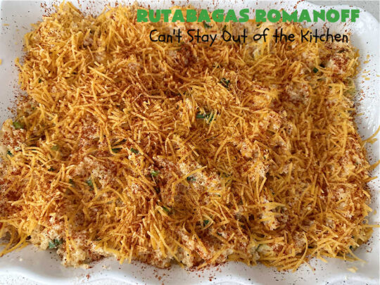 Rutabagas Romanoff | Can't Stay Out of the Kitchen | This delicious #casserole #SideDish is a fantastic way to enjoy #rutabagas. Great #vegetable for family, company or #holiday dinners. #GlutenFree #CheddarCheese #GreenOnions #RutabagasRomanoff