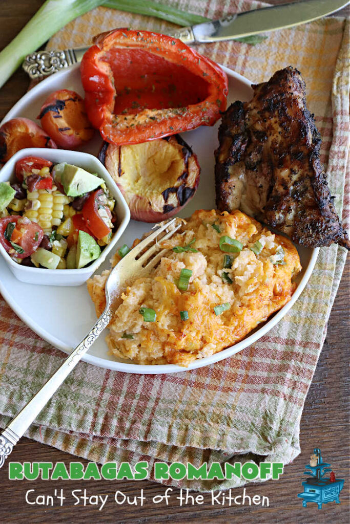 Rutabagas Romanoff | Can't Stay Out of the Kitchen | This delicious #casserole #SideDish is a fantastic way to enjoy #rutabagas. Great #vegetable for family, company or #holiday dinners. #GlutenFree #CheddarCheese #GreenOnions #RutabagasRomanoff