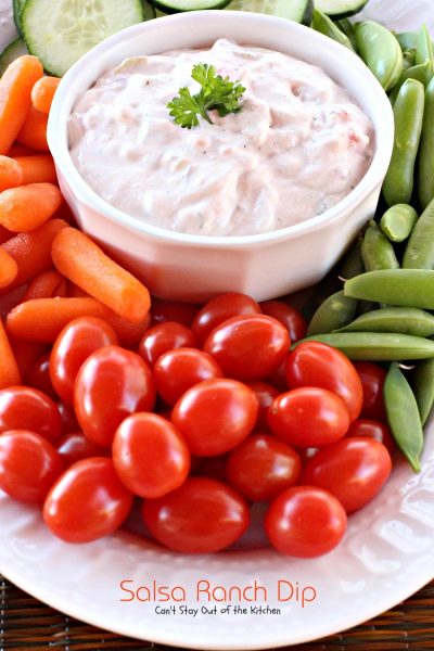 Salsa Ranch Dip | Can't Stay Out of the Kitchen | delicious 5-ingredient #Tex-Mex #appetizer that's great for #tailgating parties. Made with #ranchdressingmix. #salsa