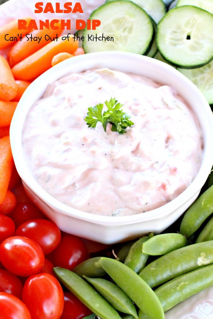 Salsa Ranch Dip | Can't Stay Out of the Kitchen | this fantastic #appetizer has only 5 ingredients. It's quick & easy to make & has delicious #TexMex flavors. Wonderful for #tailgating or #SuperBowl parties, potlucks or #holiday fare like #NewYearsDay. #salsa #GreenChilies #RanchDressingMix #SalsaRanchDip
